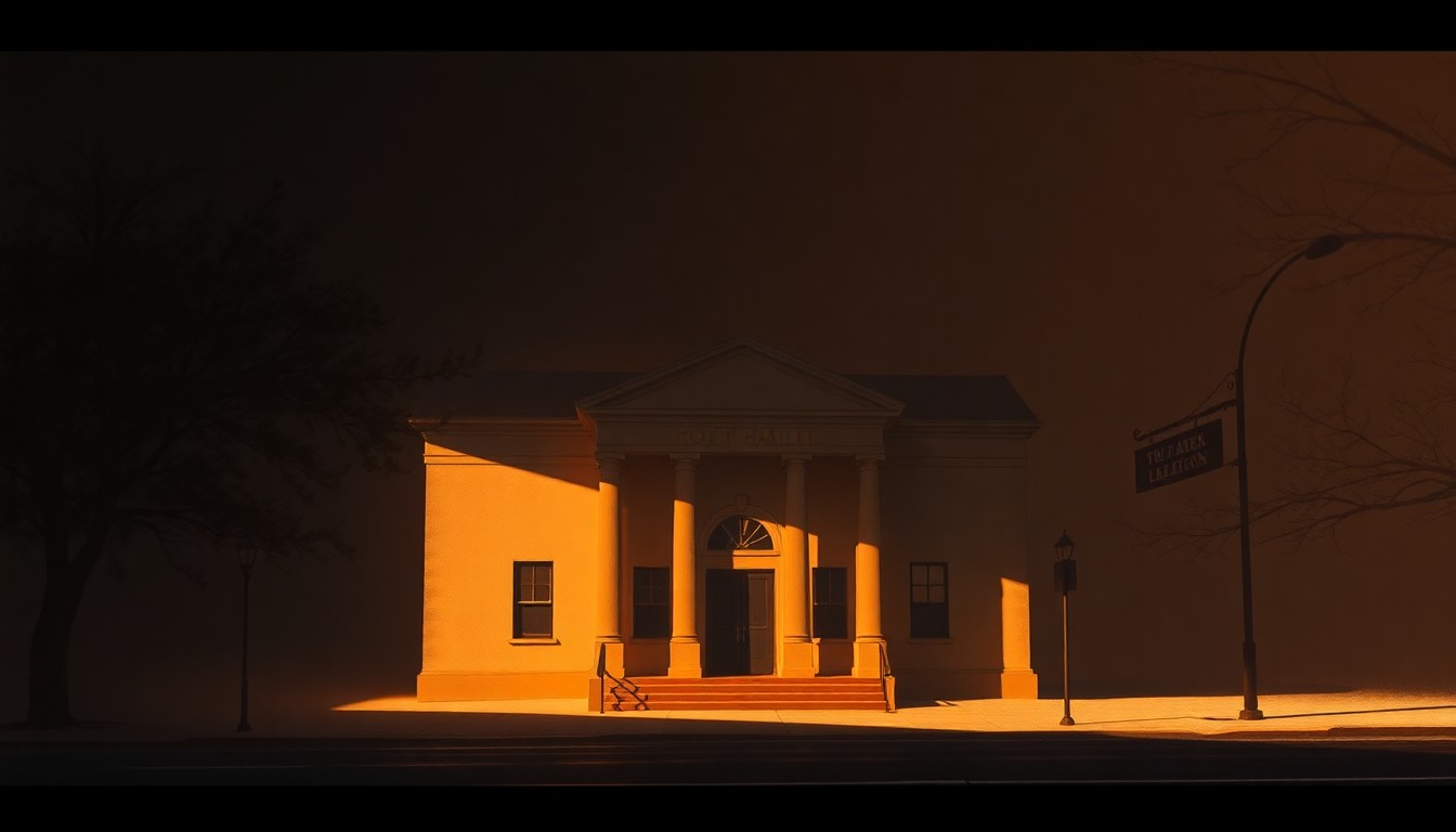 A cinematic painting of a government building in warm, golden light, with deep shadows casting across the facade, conveying a sense of quiet contemplation and the gravity of a financial investigation.