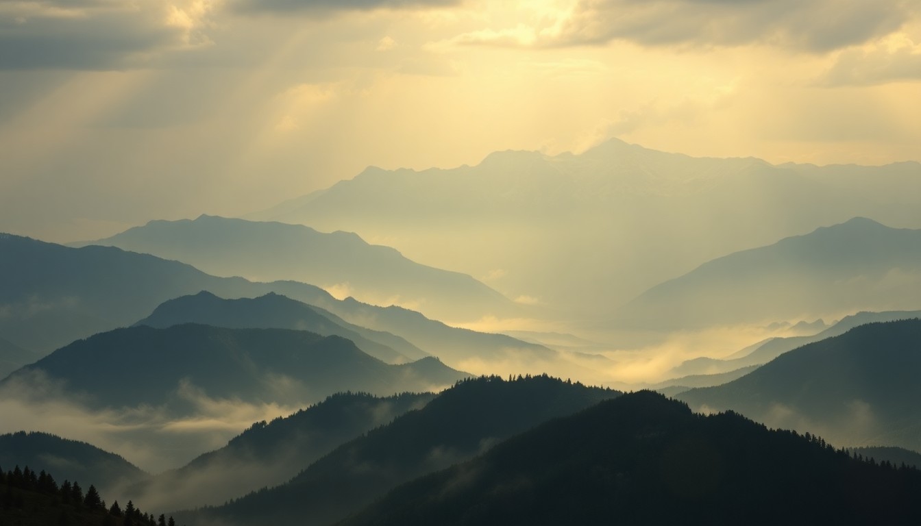 A vast, atmospheric landscape painting in muted earth tones, with a distant plume of smoke rising from the base of a towering mountain range, conveying the overwhelming scale and power of the natural environment.