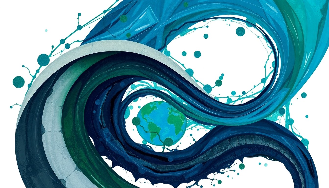 A highly textured, abstract painting featuring sweeping geometric patterns and precise botanical spirals in shades of blue, green, and gray, conceptually representing the interconnected system of storm drains, waterways, and urban infrastructure.