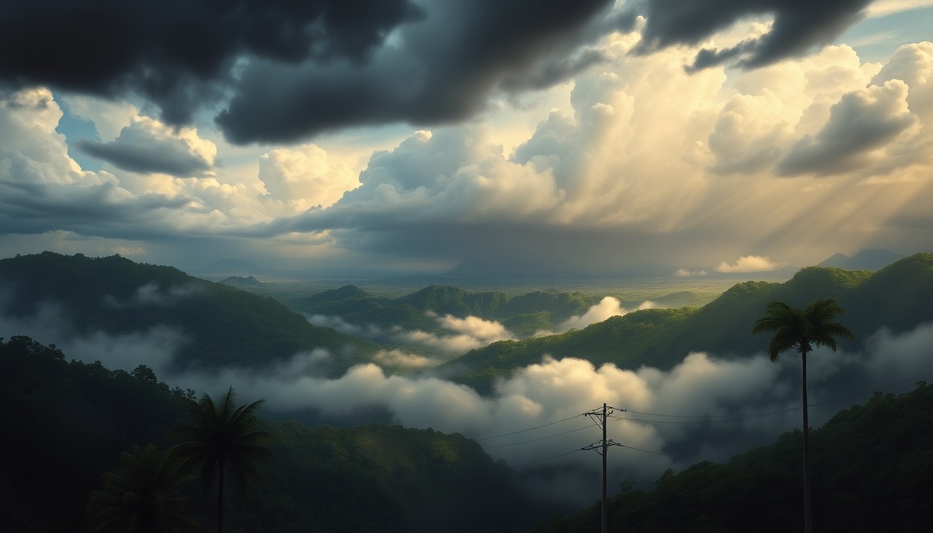 A vast, majestic landscape painting depicting a stormy sky over the lush, tropical forests of Hawaiʻi Island, with the looming presence of Kīlauea volcano in the distance. The scene uses deep, atmospheric perspective and dramatic backlighting to capture the mood of the impending heavy rainfall and thunderstorms.
