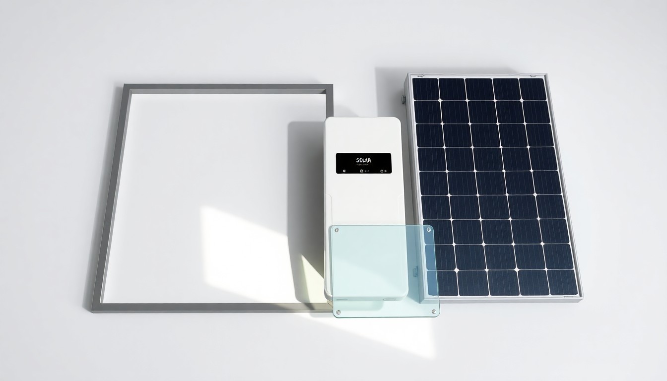 A high-end, photorealistic studio still-life photograph featuring a polished metal solar panel frame, a sleek solar inverter, and a smooth glass solar cell, all arranged elegantly on a clean white background and dramatically lit to represent the premium technology behind Belmont Solar's renewable energy solutions.