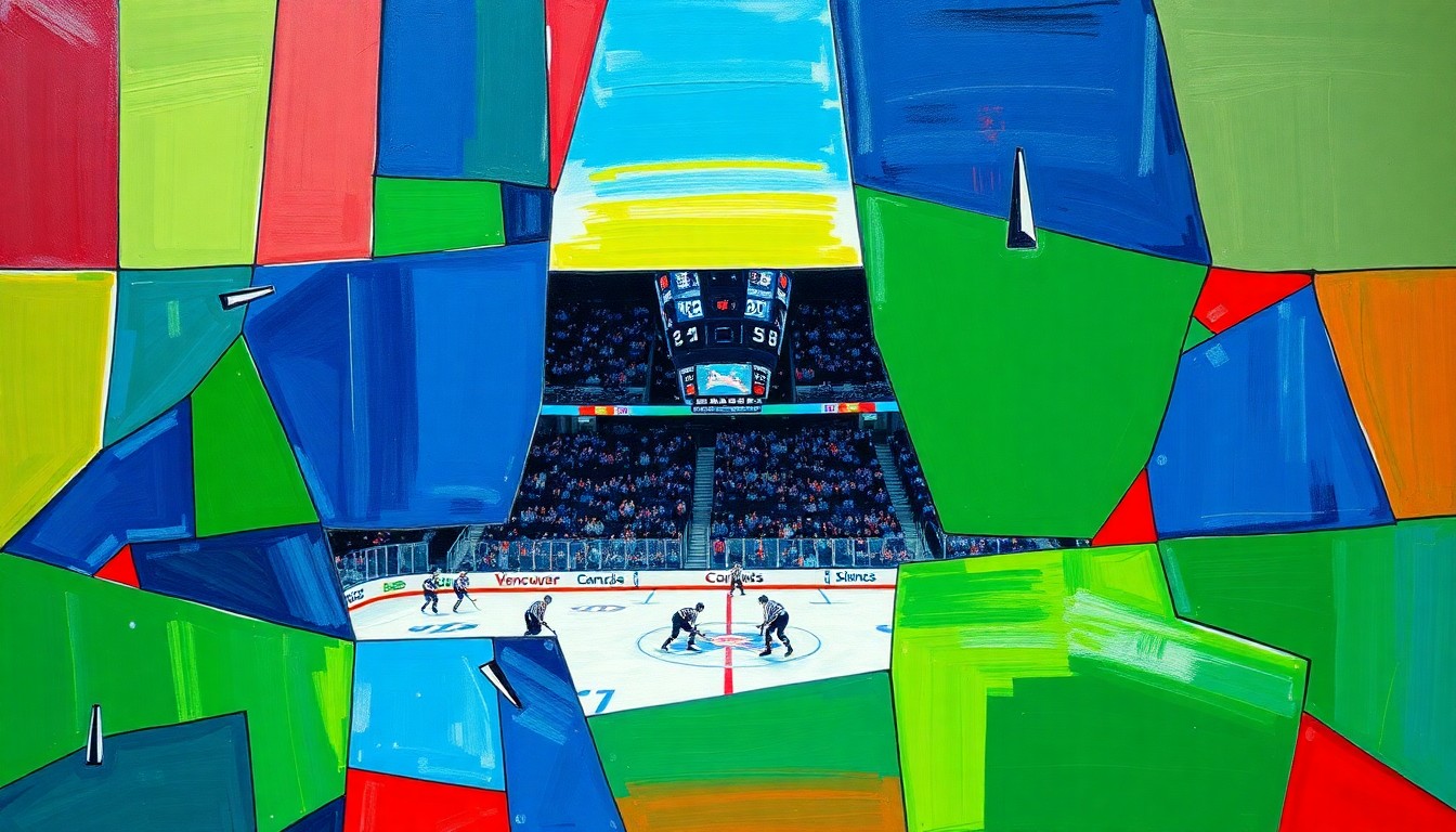 A cubist, geometric painting depicting a hockey game between the Vancouver Canucks and Los Angeles Kings, with the players and action broken down into sharp, overlapping planes of vibrant blue, green, and red colors.