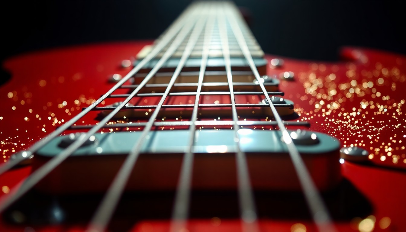 An extreme close-up photograph of shimmering, glittering guitar strings in dramatic high-contrast studio lighting, capturing the textural beauty and allure of classic rock instrumentation.