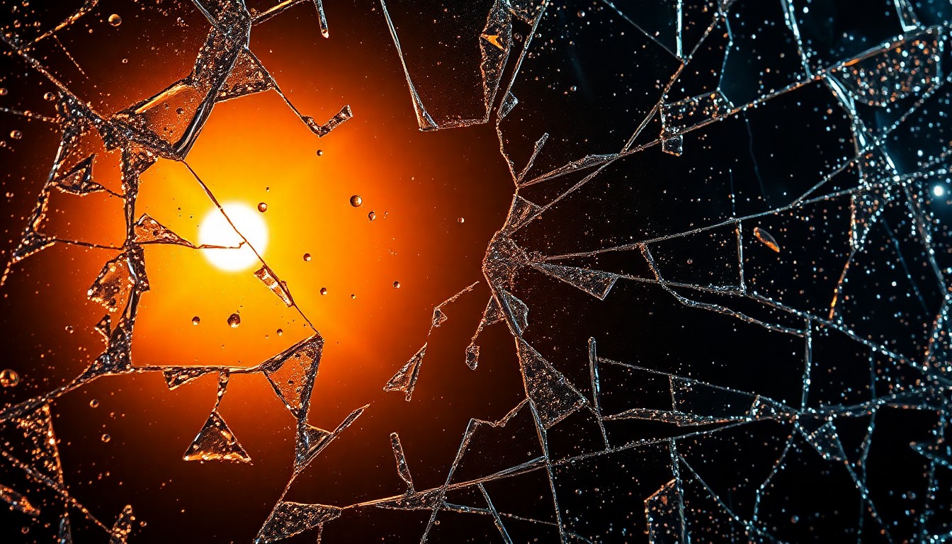 An abstract, high-contrast close-up photograph of shattered, glittering glass reflecting a warm, soft light, conveying the fragility and emotional weight of the entertainment industry.