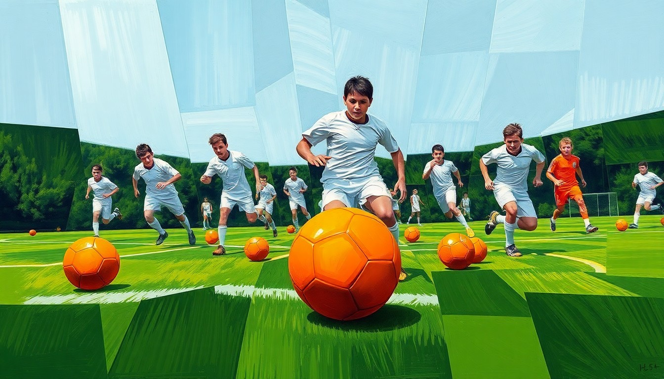 A cubist-style painting depicting a high school soccer match, with the field, players, and ball broken down into sharp, overlapping geometric shapes and planes of green, white, and orange.