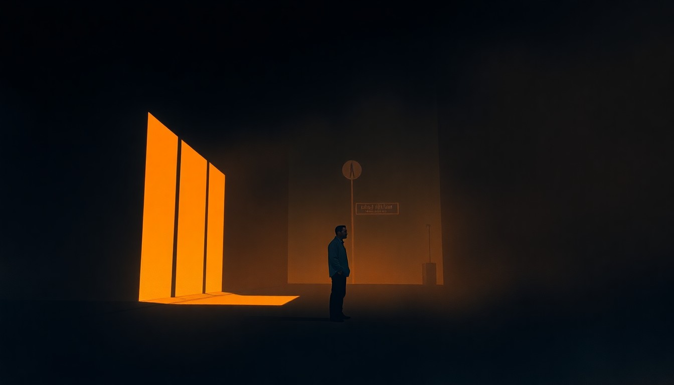 A cinematic painting of a lone Iranian citizen standing in a dimly lit urban street, the warm sunlight and deep shadows conveying a sense of isolation and vulnerability amid the turmoil of war and repression.