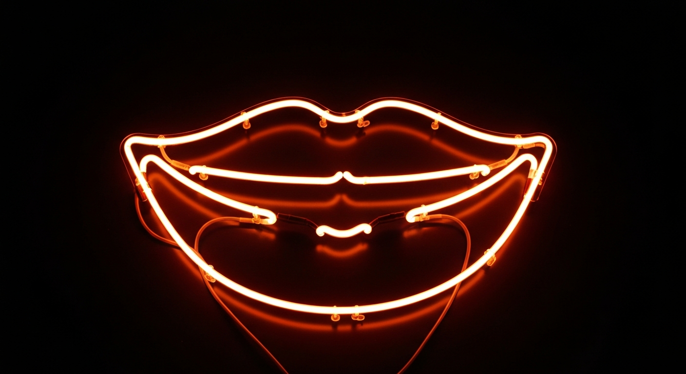 A vibrant neon outline of an open, smiling mouth against a dark background, representing the welcoming and accessible dental experience the 'Safe to Smile' video promotes.