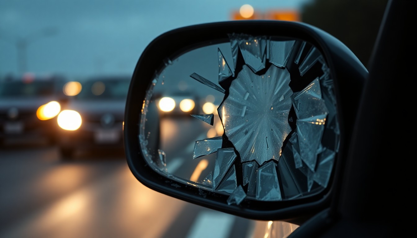 An extreme close-up photograph of a shattered car side mirror reflecting the blurred headlights of other vehicles, conveying the gritty, sudden aftermath of a serious highway collision.