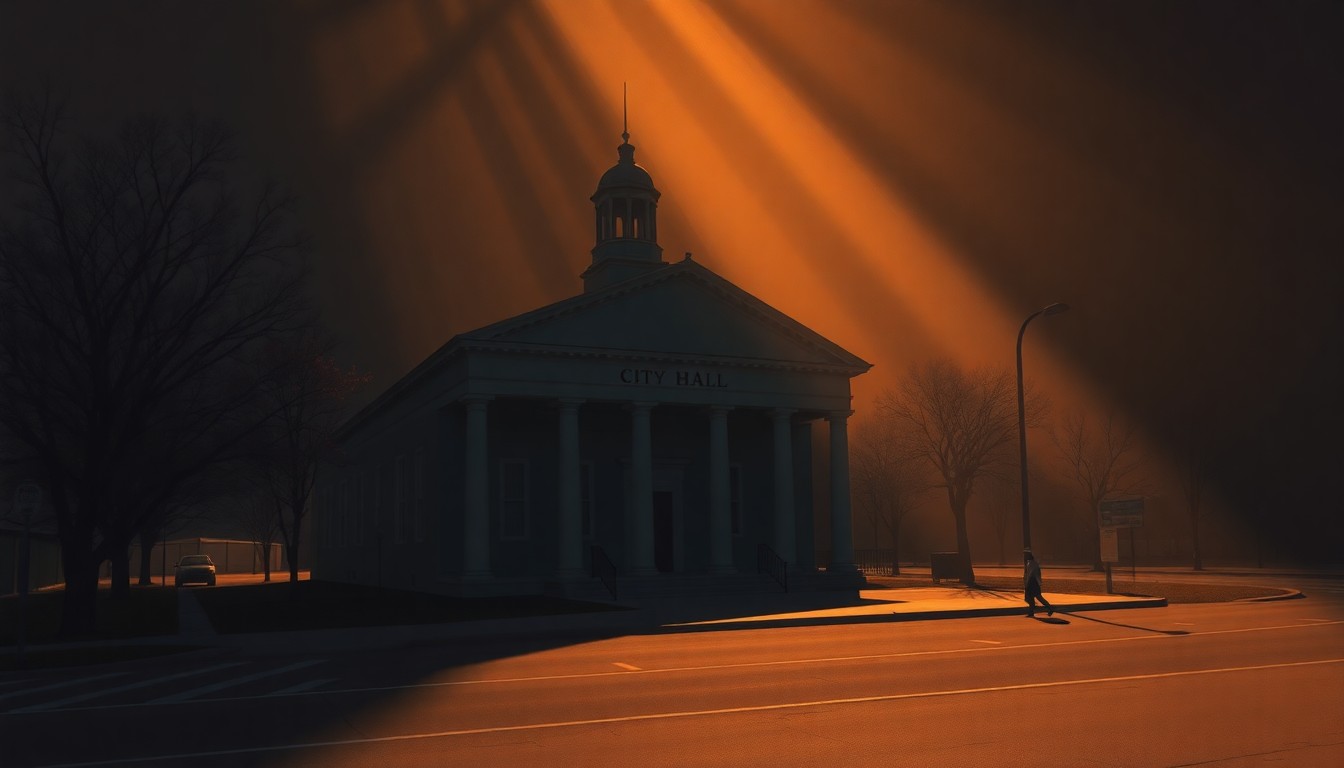 A serene, painterly depiction of a government building in Bowie, Maryland, with warm lighting and deep shadows, conveying a sense of quiet contemplation about the responsibilities of civic leadership.