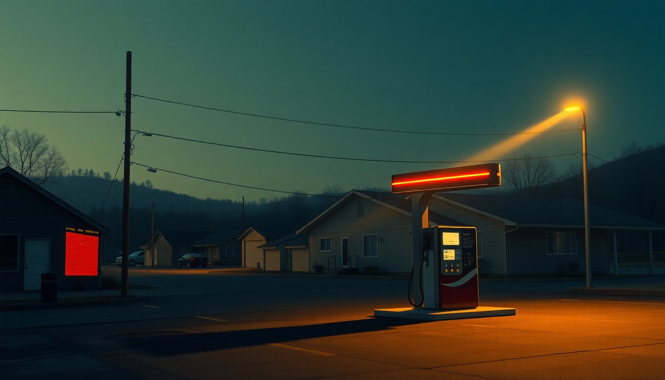 A photorealistic painting of a lone gas pump in a small town, with the pump bathed in warm, golden light and surrounded by deep shadows, conveying a sense of quiet contemplation and the economic challenges facing the community.