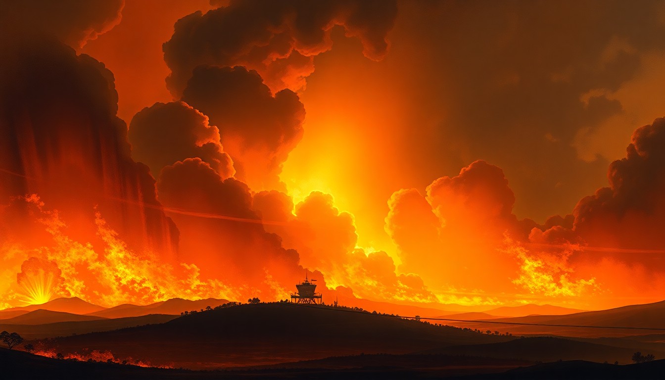 A vast, atmospheric landscape painting depicting a raging wildfire, with the silhouette of an airport control tower barely visible in the distance, obscured by the overwhelming scale of the natural disaster.
