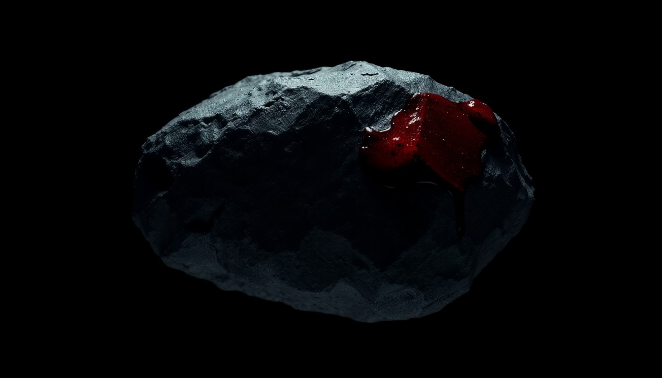 An extreme close-up photograph of a bloodied rock against a pitch-black background, conceptually illustrating the violent assault at the heart of this crime story.