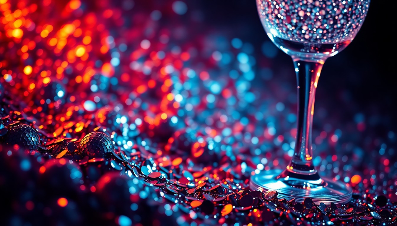 An extreme close-up of shimmering sequins and glittering disco glass, captured in dramatic, high-contrast studio lighting to create a conceptual representation of the glamour and high-stakes nature of the entertainment industry.