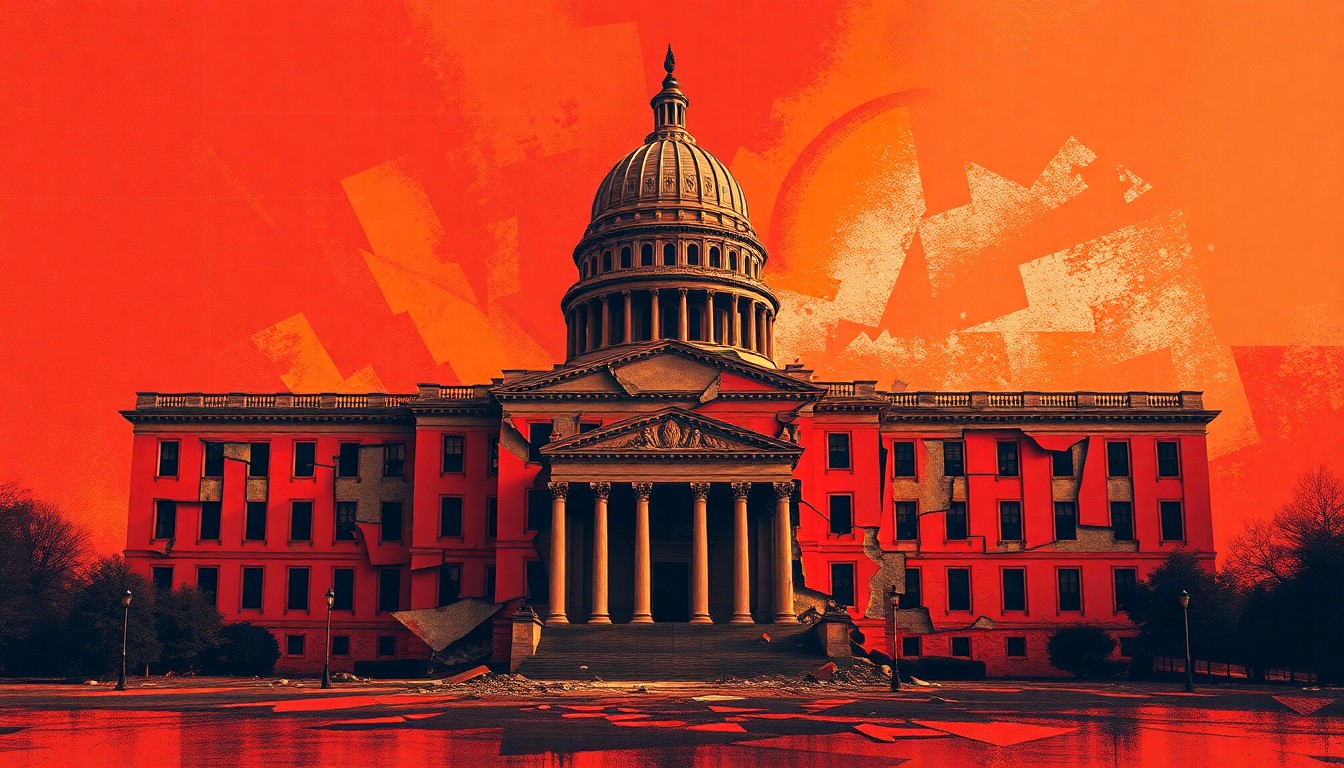 A fractured, abstract painting depicting the crumbling of a government structure, conveying a sense of instability and impending collapse through the use of bold, geometric shapes and a fiery color palette.