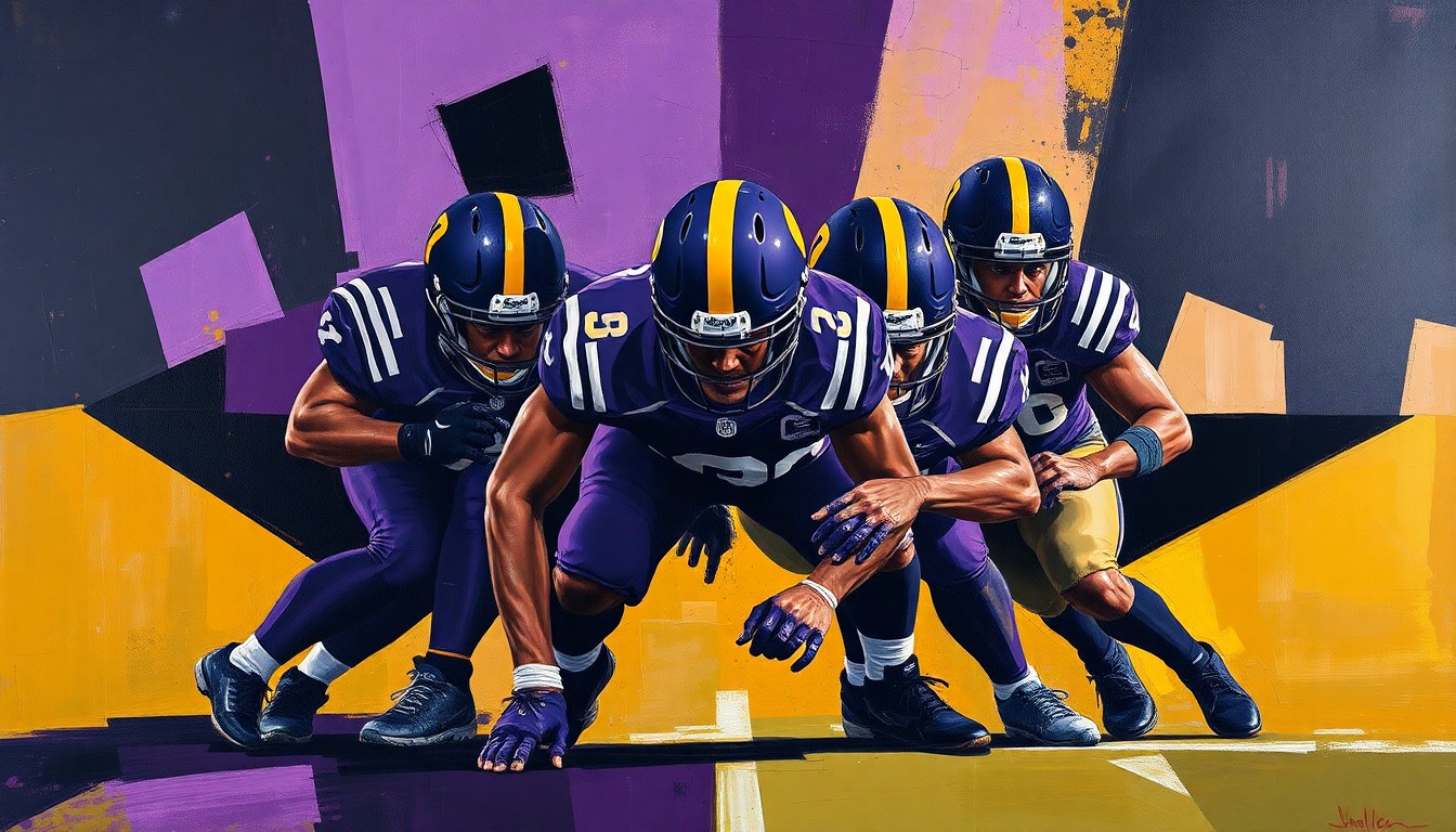 A cubist, geometric painting depicting the fragmented elements of an offensive line, with sharp planes of purple, black, and gold hues creating an abstract, deconstructed visual representation of the Ravens' focus on fortifying the trenches.