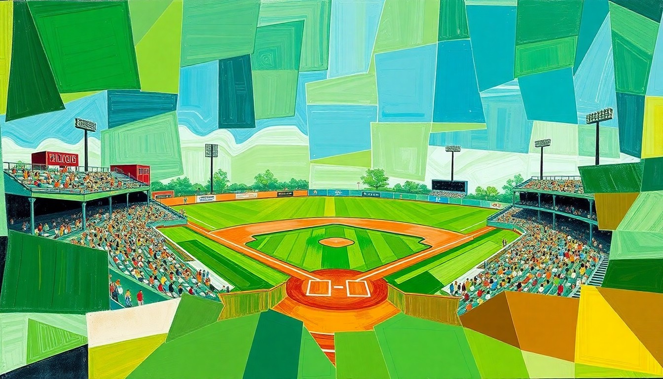 A cubist, geometric painting depicting a high school baseball game, with overlapping planes of green, blue, and brown representing the field, players, and action on the diamond.