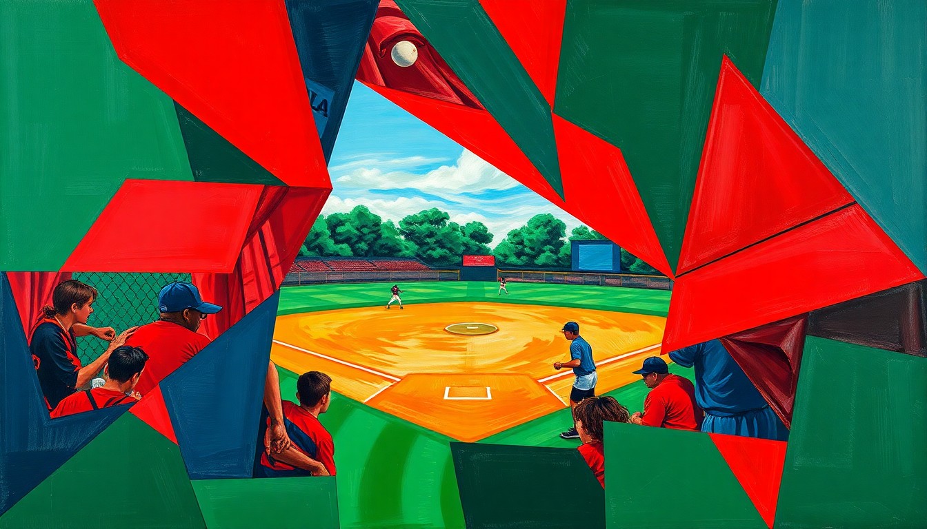 A fragmented, geometric painting in bold colors depicting the action and movement of a high school softball game, conveying the competitive spirit of the early season contest.