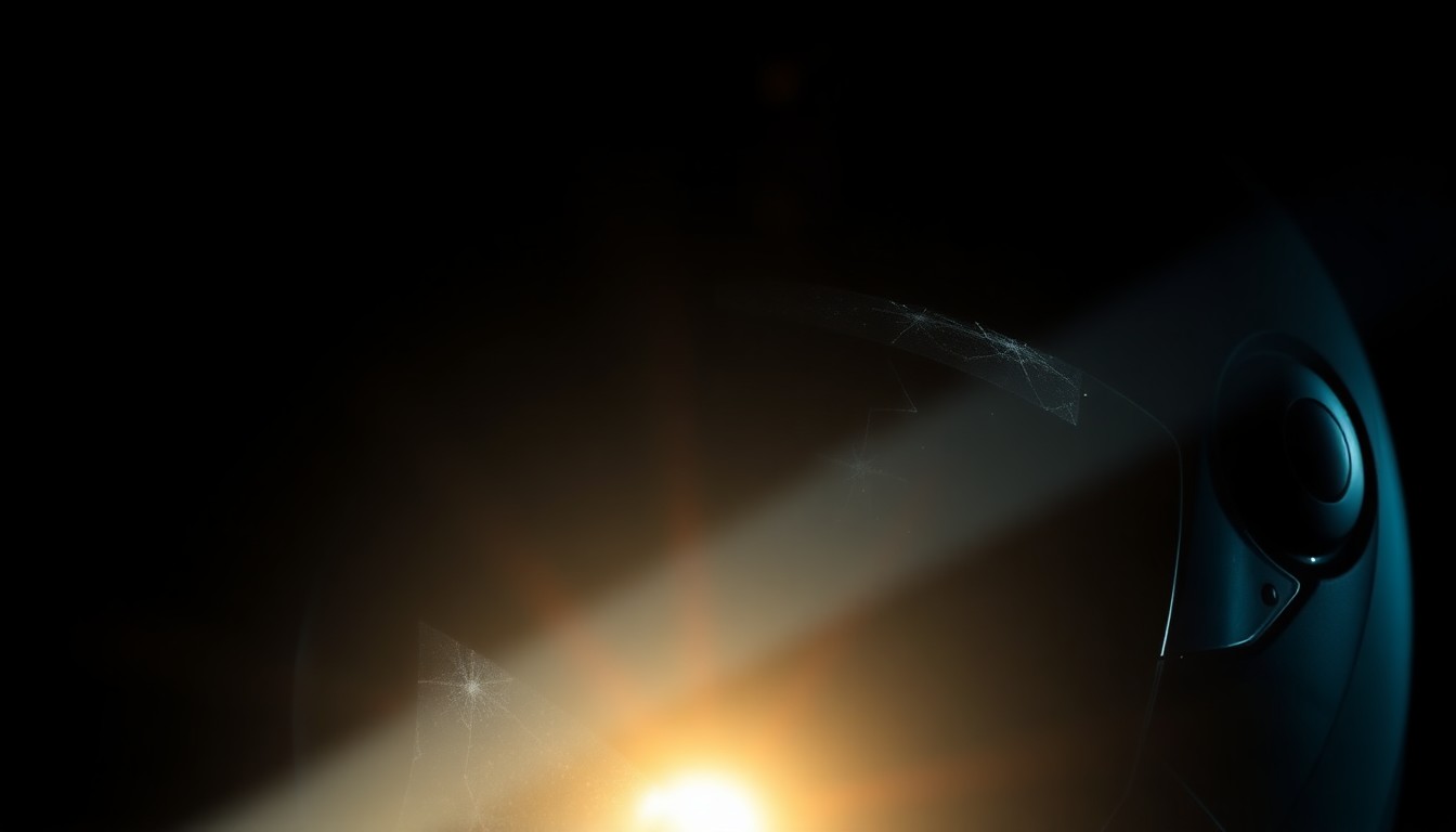 An extreme close-up photograph of a motorcycle helmet with a cracked visor, lit by a harsh, direct camera flash against a pitch-black background, conceptually representing the aftermath of a fatal motorcycle accident.