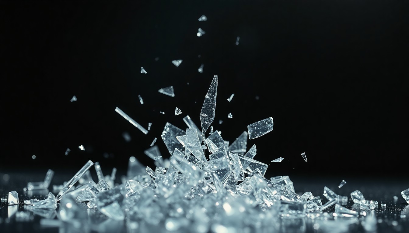 An abstract close-up photograph featuring shattered glass and glittering shards in high-contrast studio lighting, conveying a sense of fragility and loss.