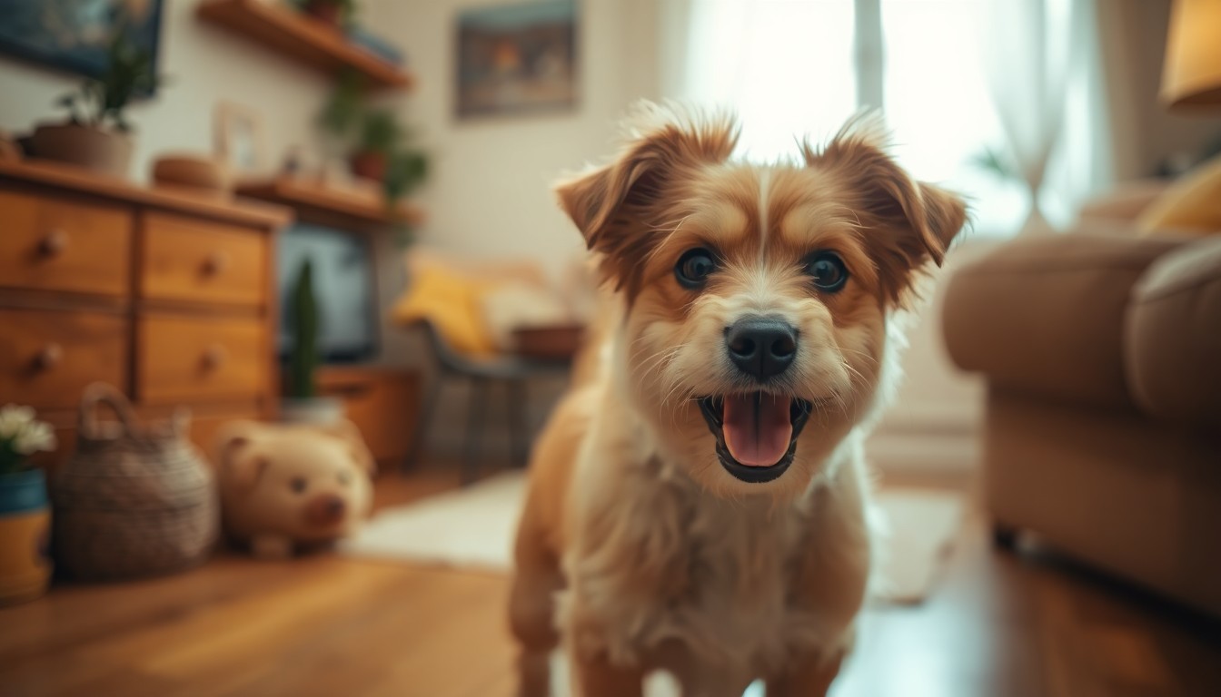 An abstract, impressionistic photograph in soft, warm tones depicting the blurred silhouette of a playful dog in a cozy indoor setting, with indistinct lifestyle objects and textures in the background, conveying a sense of domestic comfort and care.