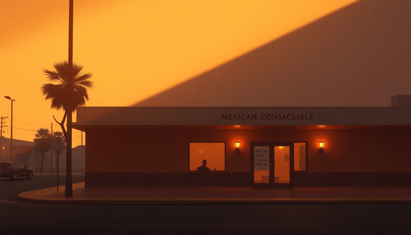 A warm, nostalgic painting of the exterior of a government building, with diagonal sunlight casting deep shadows across the facade, conceptually representing the consulate's role in the community.