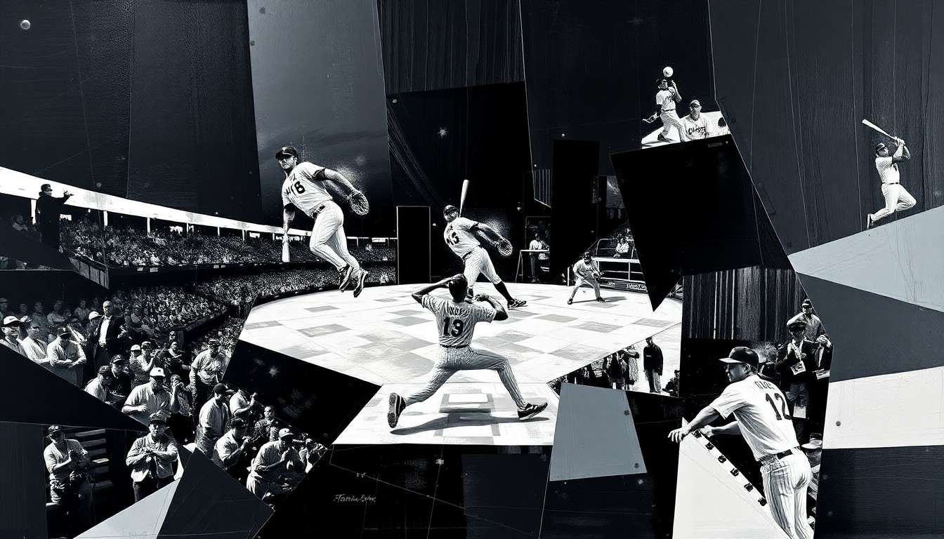 A cubist-style painting featuring sharp, overlapping geometric shapes in the White Sox's black, white, and silver colors, abstractly representing a baseball game or player in motion.