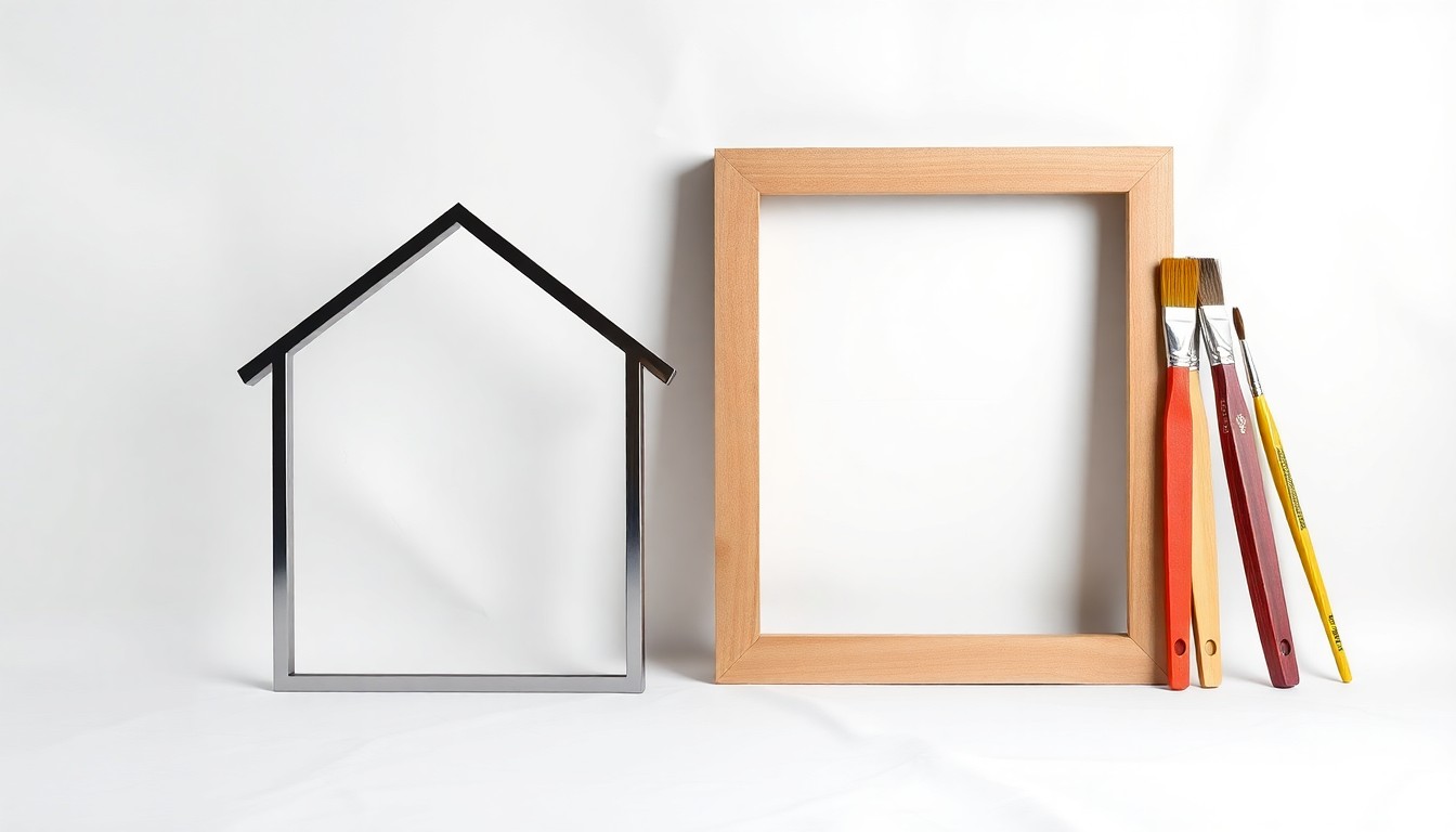 A high-end, photorealistic studio still-life photograph featuring a polished metal house-shaped sign, a freshly painted wooden door frame, and a bundle of colorful paint brushes, all arranged elegantly on a clean white background to symbolize the residential and commercial improvements enabled by the North Las Vegas redevelopment grants.