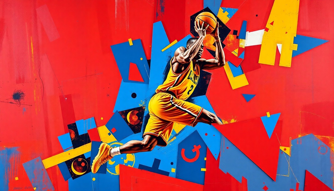 A fragmented, geometric painting depicting the explosive movements and athleticism of a basketball player, with sharp planes of crimson, blue, and yellow.