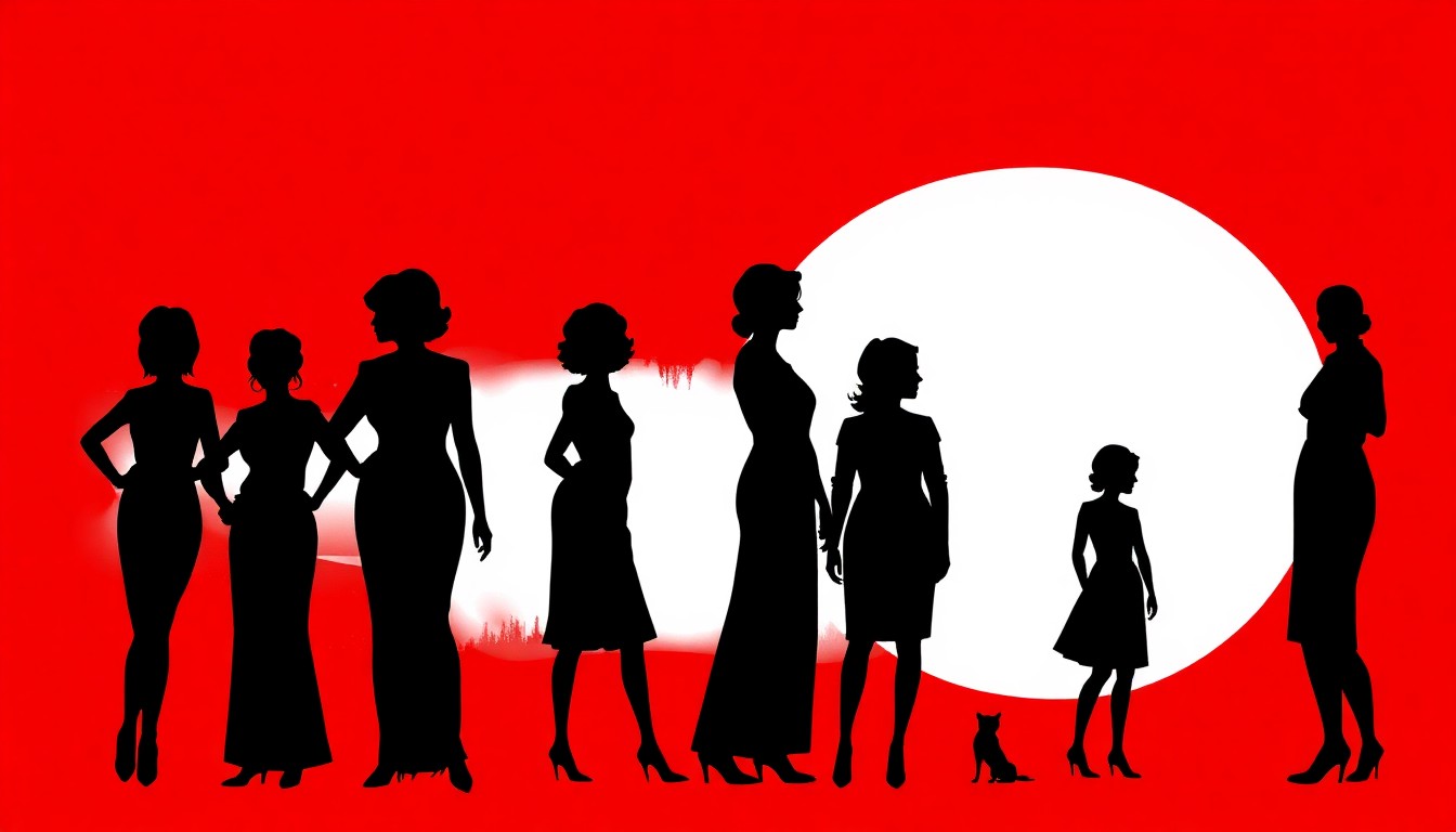 A minimalist, abstract illustration featuring jagged black silhouettes of several women against a high-contrast background of deep red and bright white, conceptually representing the close-knit group of characters in the play 'Steel Magnolias'.