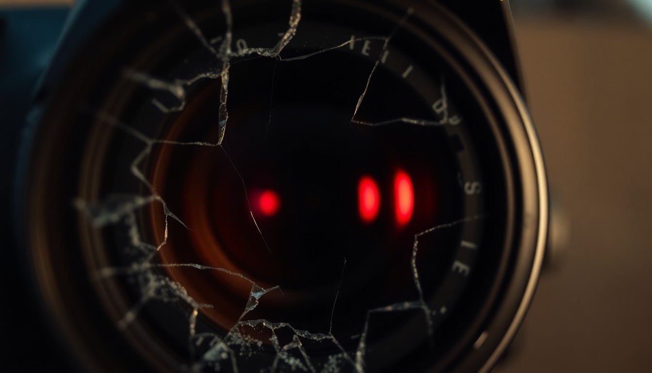 An extreme close-up photograph of a cracked and damaged camera lens, reflecting a faint red light, conceptually representing the violation of privacy and exploitation of minors through the use of deepfake technology.