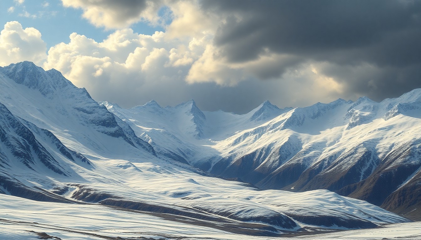 A sweeping, atmospheric landscape painting in muted tones of gray, white, and blue, depicting a vast, snow-covered mountain range under a dramatic, cloudy sky. The scene conveys a sense of the overwhelming, sublime scale of the natural world, with the snowpack-depleted mountains dwarfing any human presence.