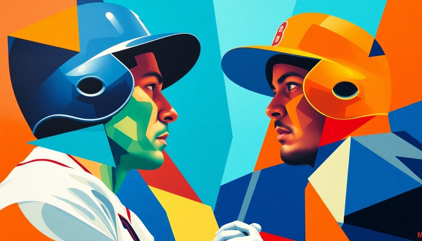A cubist-style painting depicting the abstract forms of two baseball players in dynamic motion, their faces and uniforms broken down into sharp, overlapping geometric shapes in a vibrant color palette, capturing the energy and intensity of their matchup.
