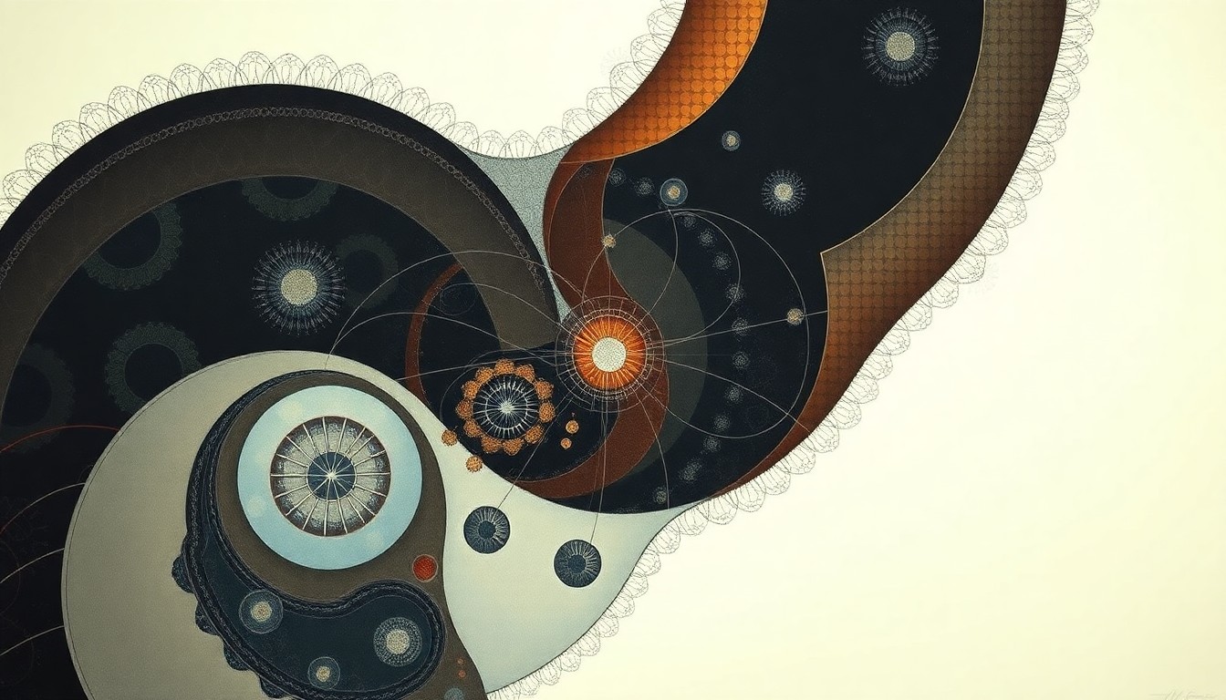 A bold, abstract painting featuring sweeping geometric shapes, concentric cellular structures, and precise biological spirals in a soft color palette, conceptually representing the complex cellular and molecular interactions of the maternal-fetal interface.