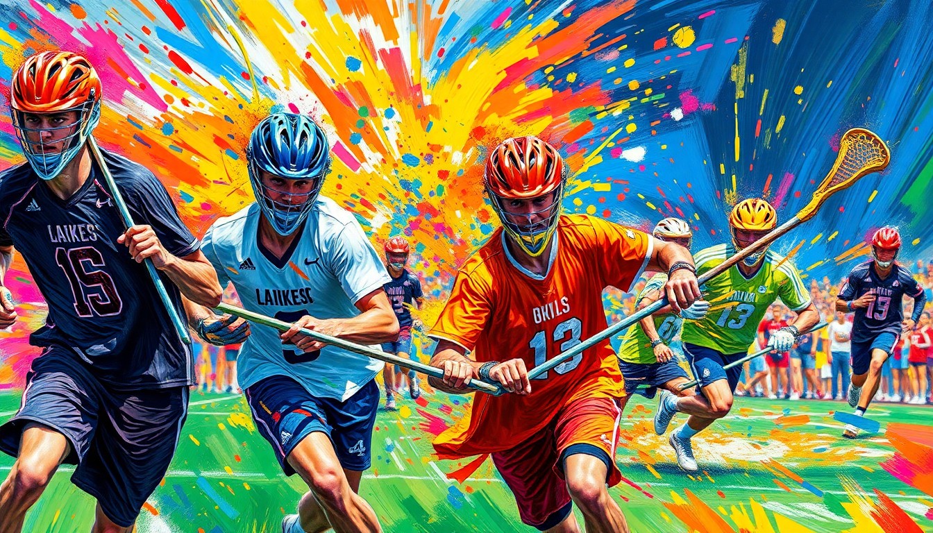 An abstract, energetic painting featuring bold brushstrokes and neon colors that capture the intensity and motion of a boys lacrosse game, with players' forms blending together in a vibrant, expressionistic style.