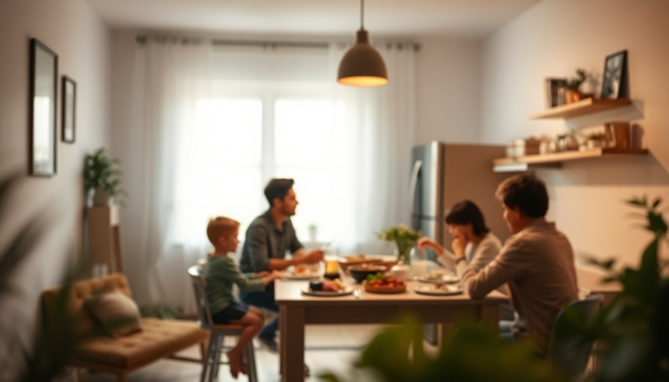An abstract, blurred photograph in soft, earthy tones showing the interior of a modern apartment with a family gathered around a kitchen table, capturing the warmth and comfort of a new affordable home.