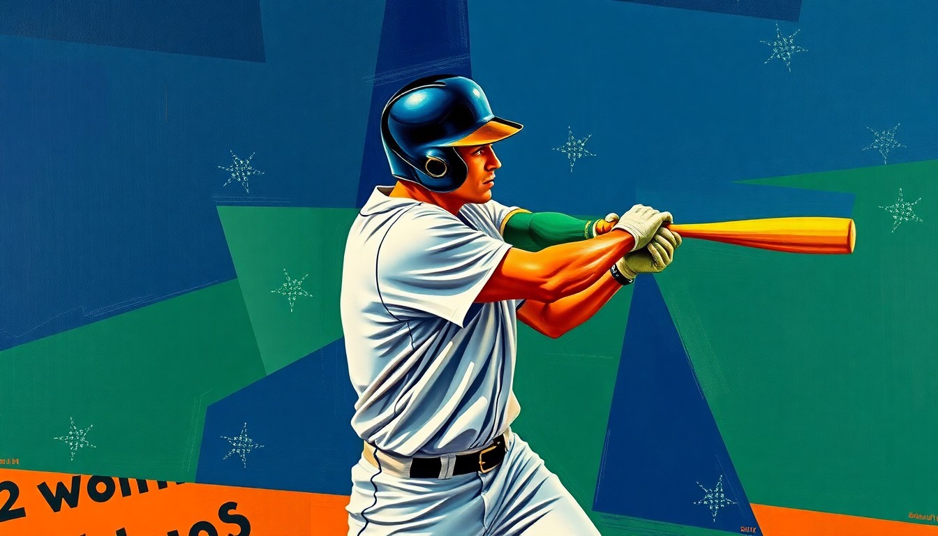 A fragmented, cubist-style painting depicting the dynamic motion of a baseball player's batting swing, with sharp geometric shapes and planes in navy, green, and orange hues conveying the raw energy and potential of an emerging young talent.