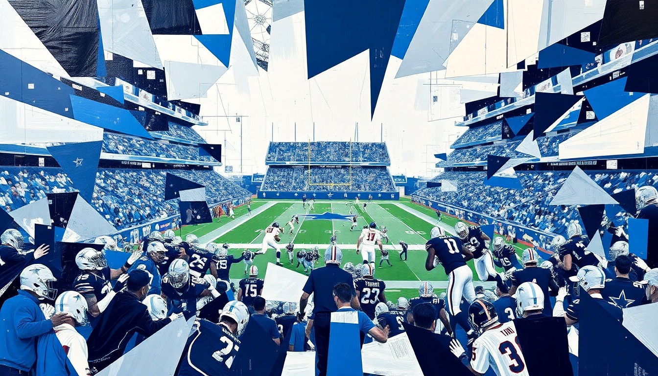 A cubist, geometric painting depicting a football game or match, with sharp, overlapping planes of navy blue, silver, and white representing the Dallas Cowboys' defense.