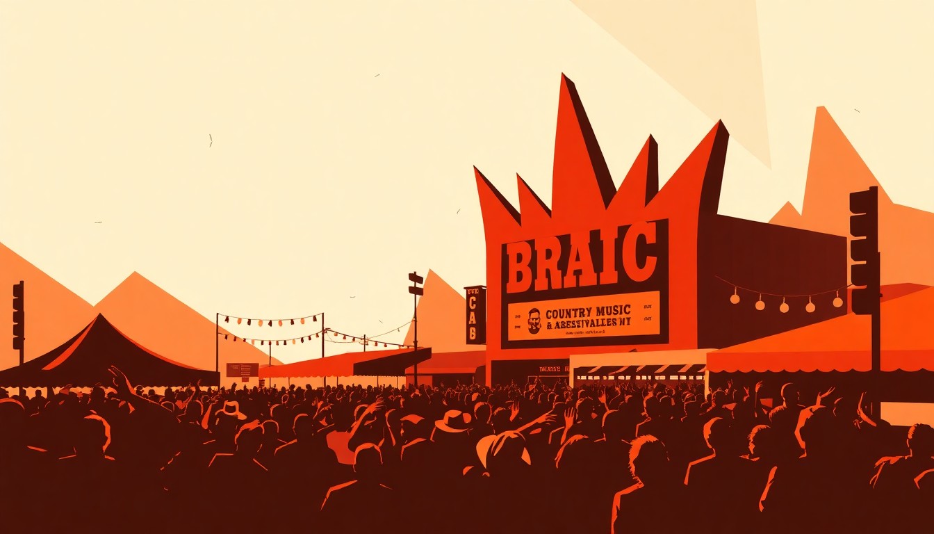 An abstract, minimalist illustration featuring bold, jagged shapes in warm, earthy tones, capturing the vibrant energy and spirit of a country music and barbecue festival.