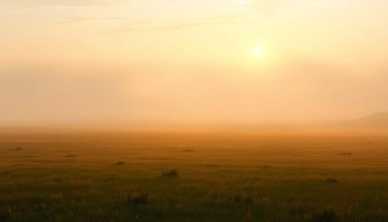 A serene, atmospheric landscape painting in muted tones, with a misty field bathed in soft, golden light, conveying the tranquil mood of the weather change.