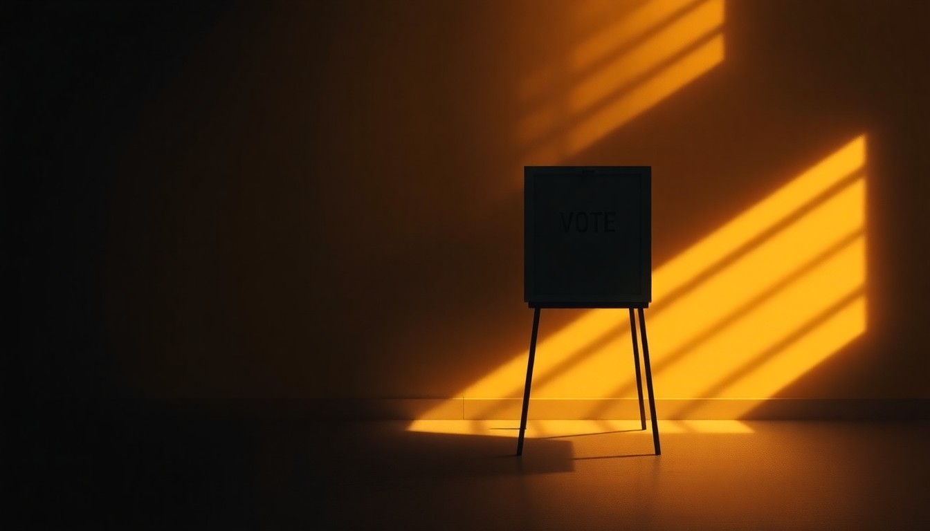 A serene, photorealistic painting of a lone ballot box or voting booth set against a backdrop of warm, golden light and deep shadows, conveying a sense of civic duty and political tension.