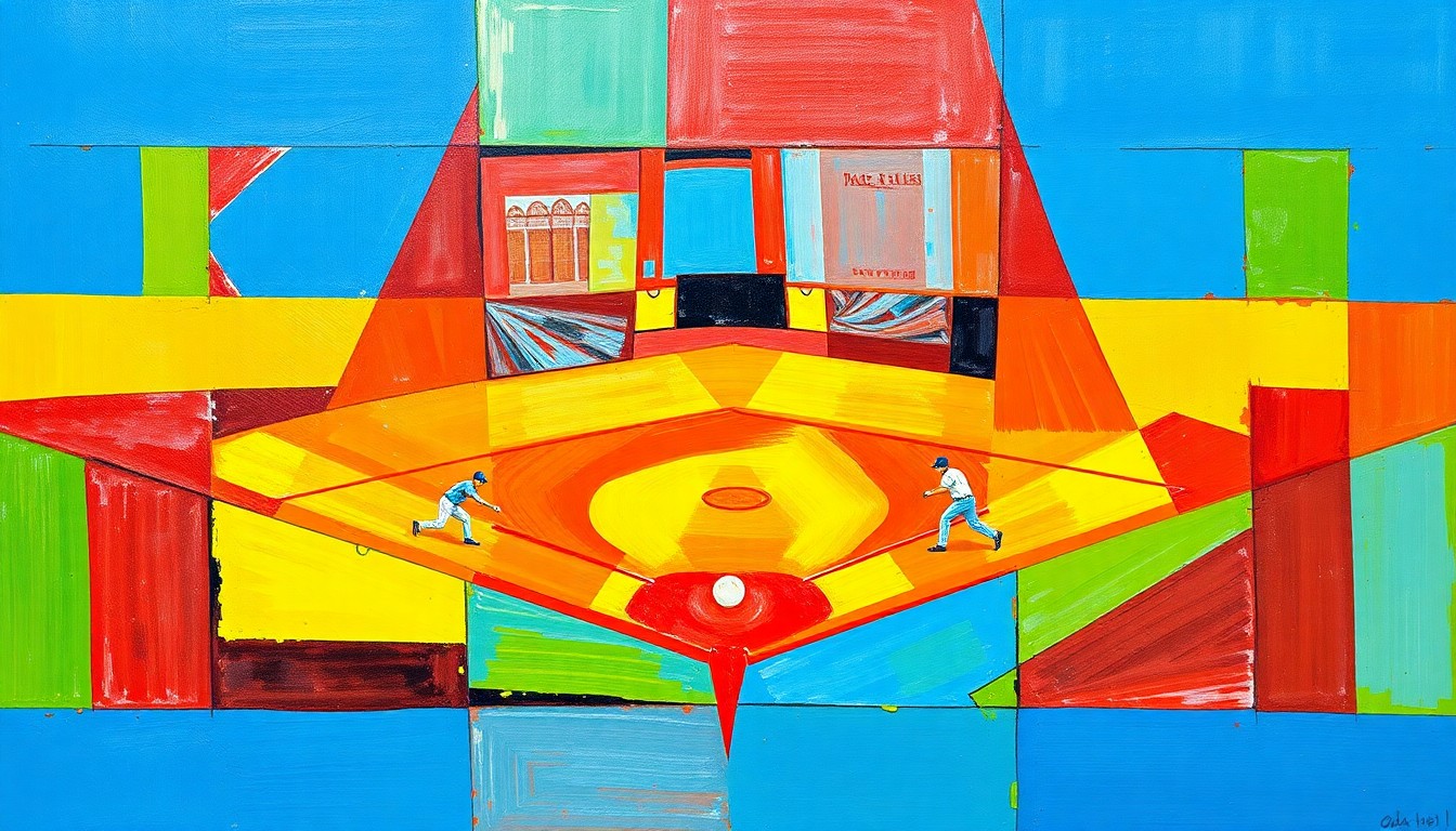 A cubist-style painting depicting a softball game broken down into fragmented geometric shapes and planes of vibrant colors, conveying the dynamic action and intensity of the sport.
