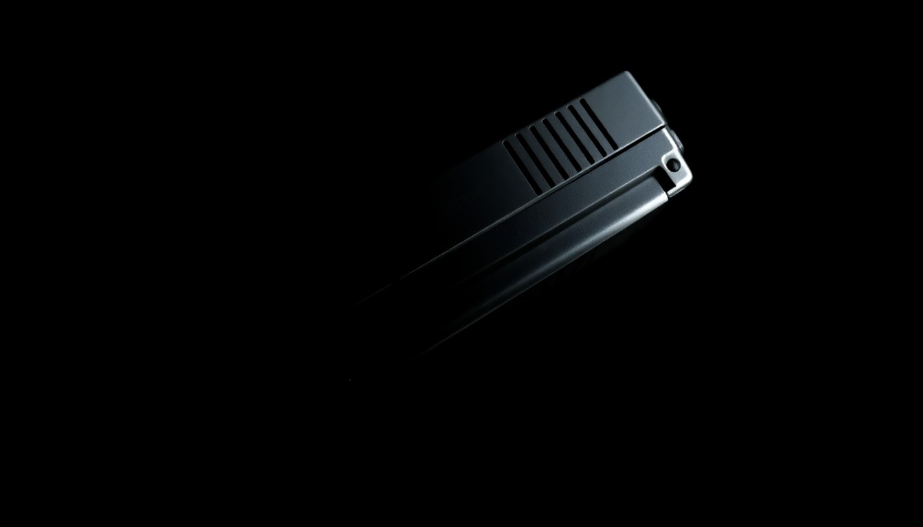 An extreme close-up photograph of a shiny metal handgun magazine against a pitch-black background, lit by a harsh camera flash, conceptually representing the violent allegations in the music industry case.