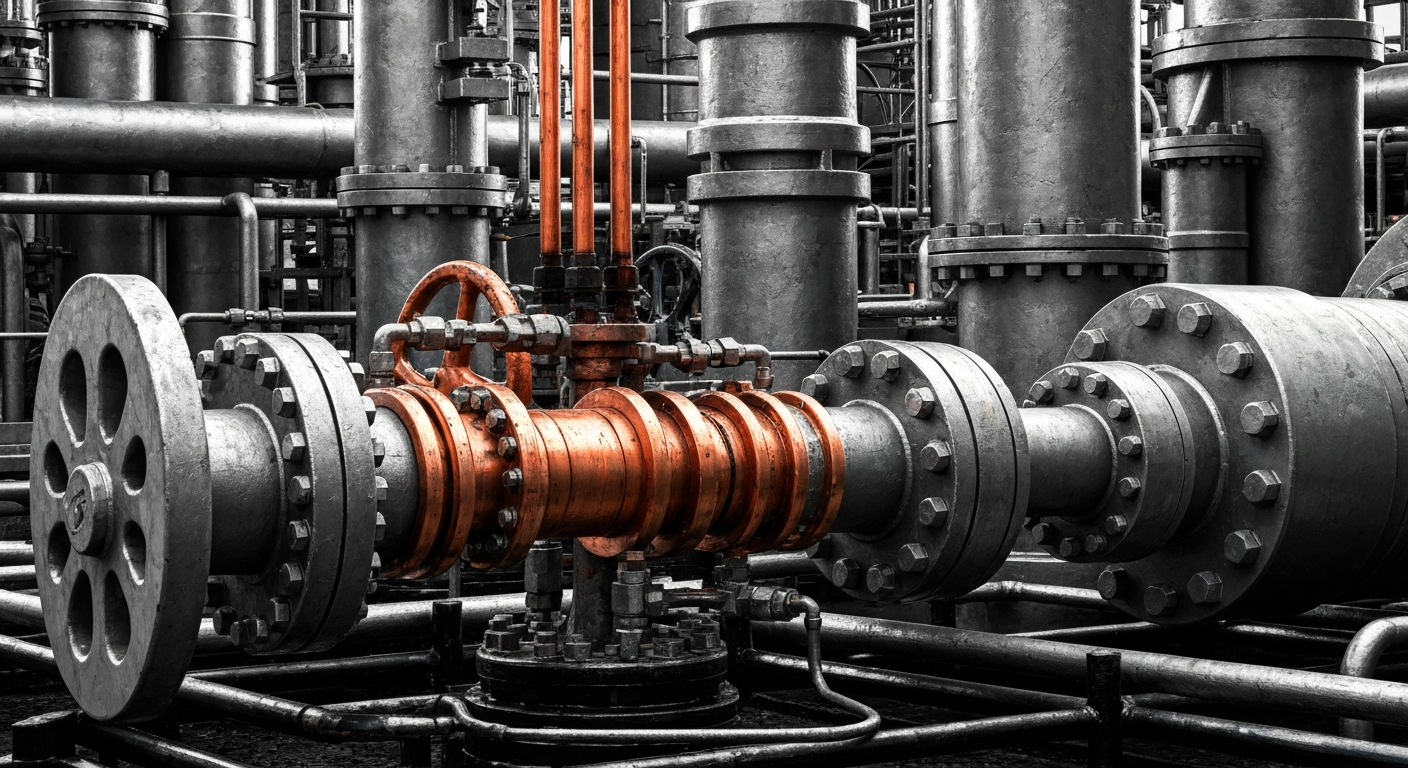 An extreme close-up of intricate, industrial oil and gas machinery in shades of steel grey, copper, and black, conveying the physical scale and complexity of the global energy industry.