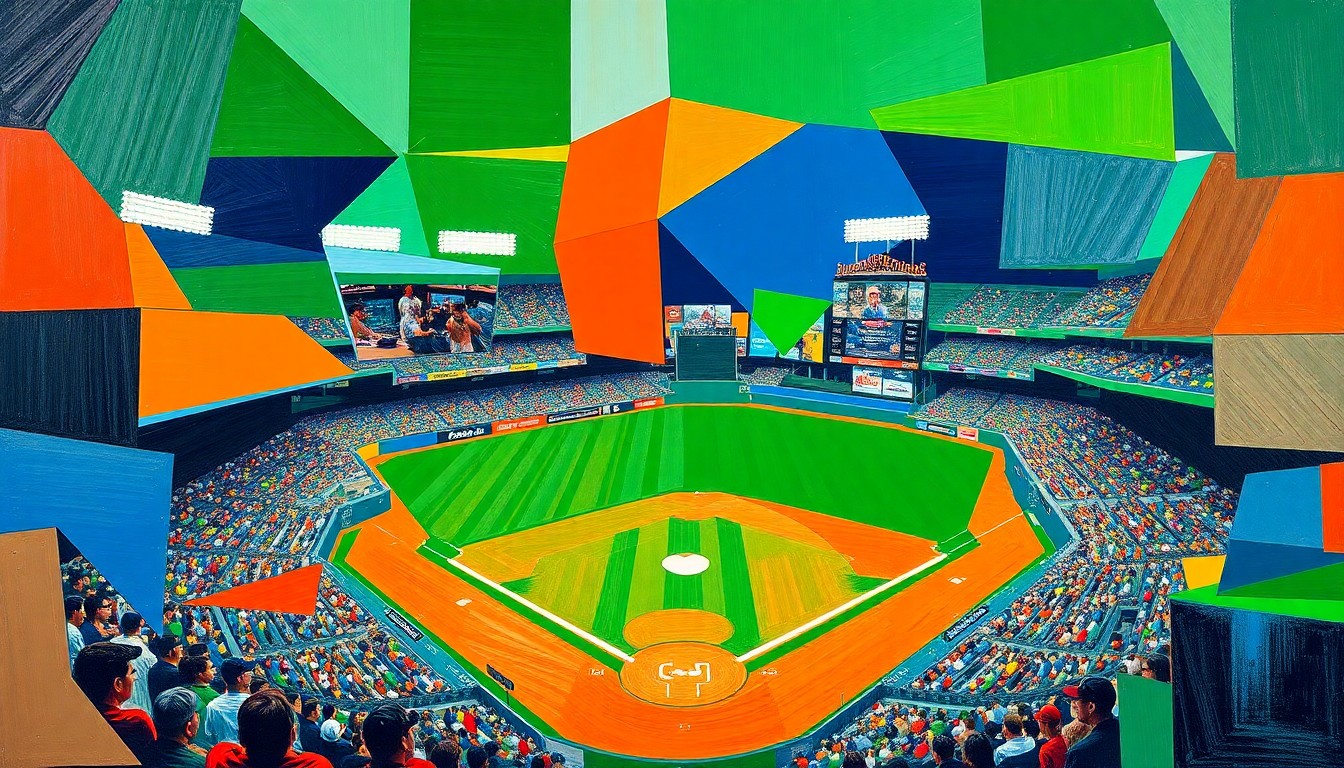 A cubist, geometric painting depicting a baseball game in motion, with overlapping planes of bright colors representing the dynamic action on the field.