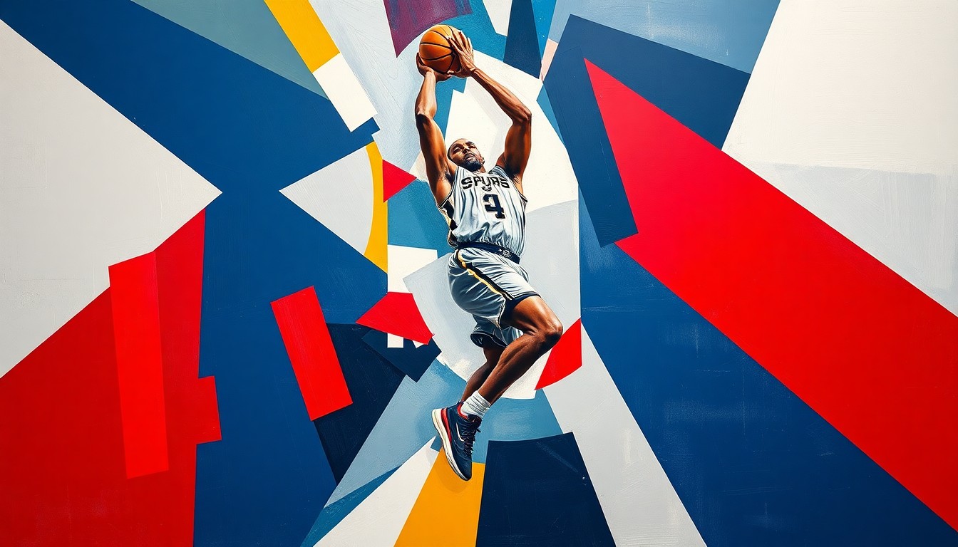 A fragmented, multi-angled painting depicting a basketball player in mid-jump shot, broken down into sharp, overlapping geometric shapes and planes in the Spurs' official team colors of navy blue, silver, and red, conveying the dynamic movement and energy of the sport.