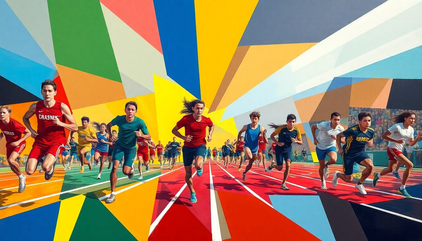 A fragmented, geometric painting depicting athletes in motion on a track, with sharp planes of color representing the team's official colors and the dynamic energy of the competition.