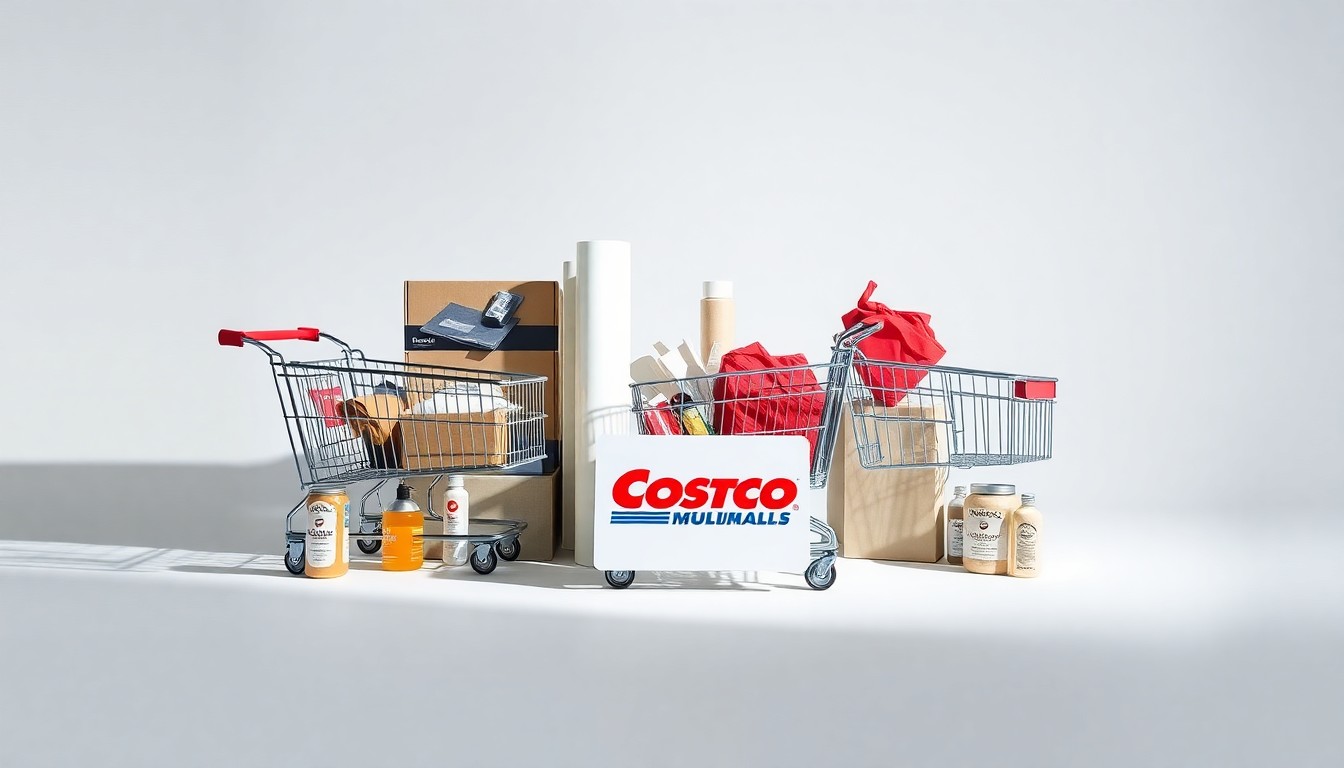 A high-end, photorealistic studio still-life photograph featuring a neatly arranged collection of premium Costco-branded products, including a membership card, a shopping cart, and various household items, all set against a clean, monochromatic background with dramatic lighting and sharp shadows, conceptually representing the uncertainty surrounding the Midtown Costco's future.