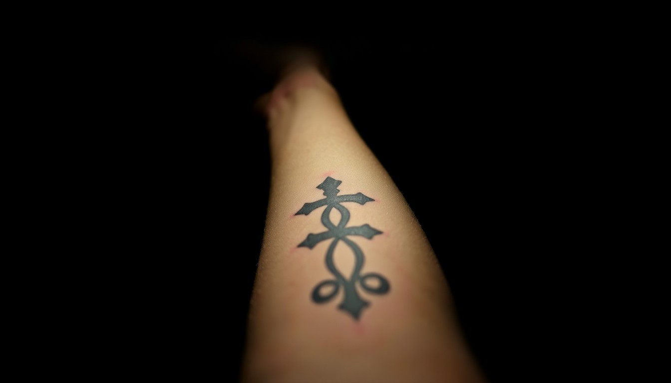 An extreme close-up photograph of a tattoo on a person's arm, captured with harsh, direct lighting that creates a stark, gritty aesthetic, conceptually representing the investigation into the unidentified victim's identity.