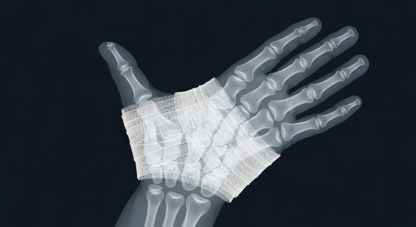 An extreme close-up of the translucent X-ray image of a bandaged hand, revealing the intricate internal structures and highlighting the critical need for safe, sterile wound care products.