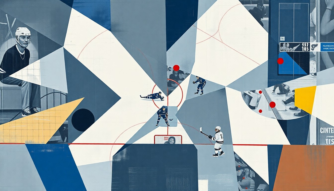 A cubist, geometric painting depicting a fragmented hockey game, with sharp, overlapping planes of muted blues, grays, and whites punctuated by pops of red and yellow, conveying the Flames' struggle and the uncertainty of their path forward.